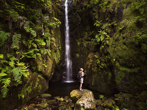 Carefree female backpacker standing on a rock by the waterfall in nature.