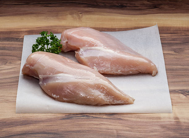 istock Raw Skinless Chicken Breast Fillets with Parsley on Wooden Surface 2247238491