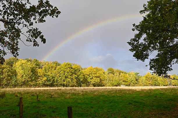 istock Beautiful rainbow arcs over tranquil green field surrounded by colorful autumn trees in peaceful countryside setting 2247243871