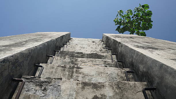 A dramatic, low angle photograph capturing a steep, weathered concrete staircase with embedded metal handrails against a bright blue sky, the sharp focus highlights the rough, stained texture of the steps, illustrating a challenging journey or architectural history.