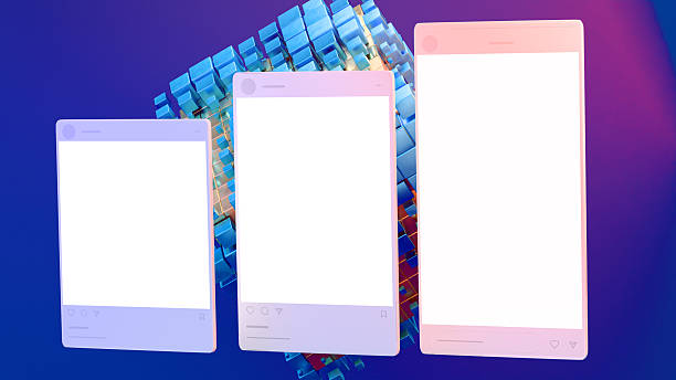 Three blank social style frames over a purple blue gradient with geometric cubes a vibrant scene for showcasing content and campaigns 3D render