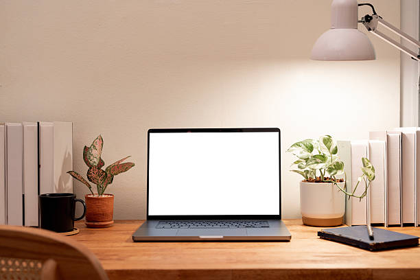 Cozy and focused home office workspace with a laptop featuring a blank white screen mockup, surrounded by books, plants, and an adjustable lamp.