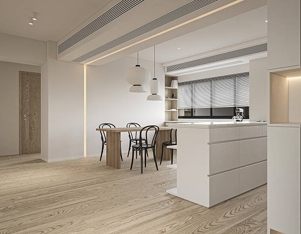 istock Modern Japandi Kitchen and Dining Area with Wood Floor, Lantern Pendants, and Built-in Shelving 2247252204