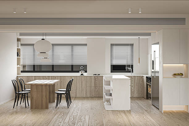 istock Modern Minimalist Kitchen and Dining Area Interior with Wood Table, Island, and Pendant Lighting 2247252238