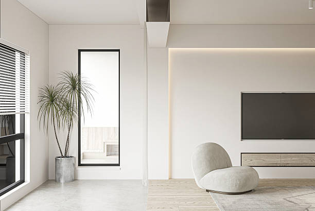 istock Neutral Home Interior with White Wall Mockup, Recessed Lighting, and TV Console 2247252782