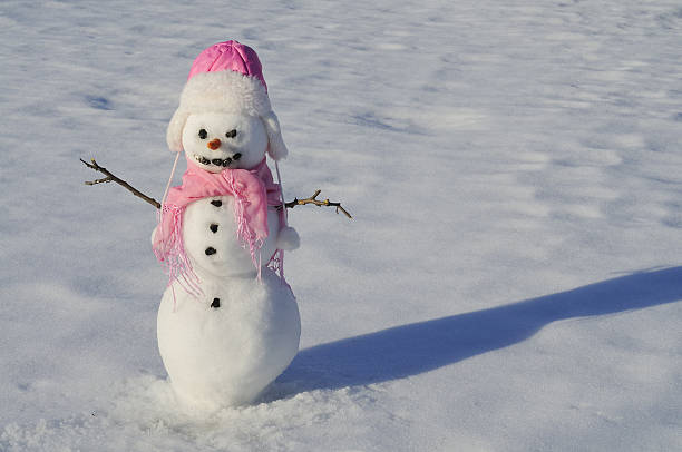 Cute snowman wearing a pink hat and scarf standing on a snowy field with bright sunlight and a long shadow.