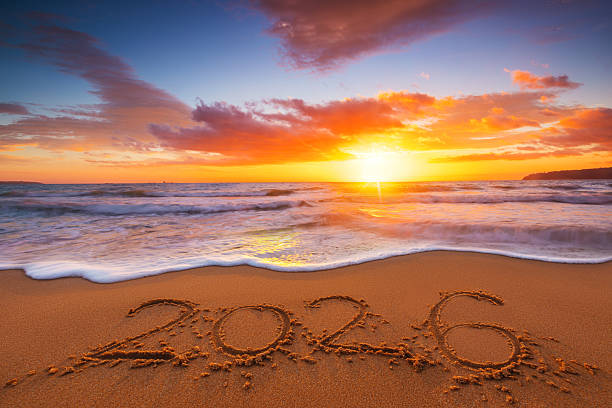 New Year 2026 beach background, sunrise over the sea shore