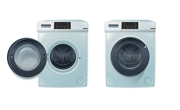 istock View of a modern stainless steel machines in a laundromat or laundrette. Public laundry with multiople washing machines. Frontal view, one door open. Cartoon washing machine. 2247260329