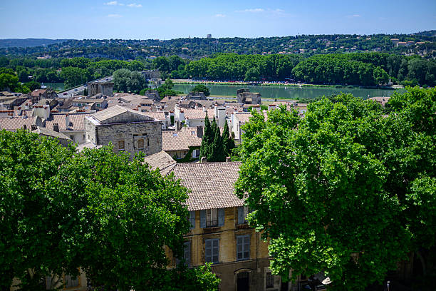 High angle view over the city Avignon in the Vaucluse department in the Provence-Alpes-Côte d'Azur region of southeastern France. Located on the left bank of the river Rhône. Avignon is also known as 'La Cité des Papes' (The City of the Popes).