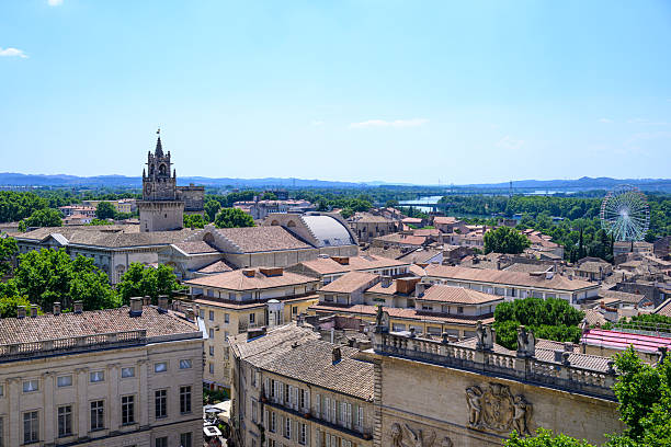 High angle view over the city Avignon in the Vaucluse department in the Provence-Alpes-Côte d'Azur region of southeastern France. Located on the left bank of the river Rhône. Avignon is also known as 'La Cité des Papes' (The City of the Popes).