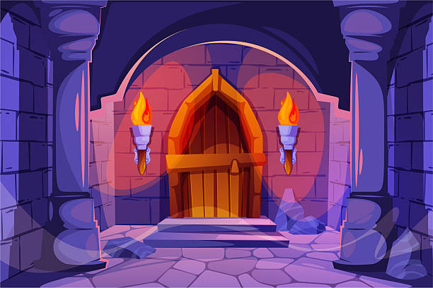 istock Cartoon castle entrance with wooden door and torches 2247269575