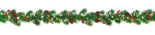 istock Seamless Christmas garland with pine cones, holly berries, ribbons, and glowing lights. Realistic evergreen border for design. Transparent background in vector file. 2247271206
