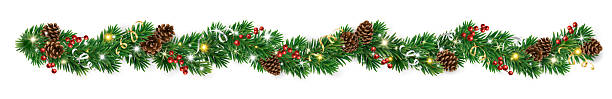 istock Realistic Christmas garland with pine cones, holly berries, ribbons, and glowing lights. Festive border for banners and holiday cards. Transparent background in vector file. 2247271379