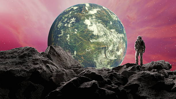istock astronaut in a space suit stands on a rugged terrain, admiring a stunning Earth-like planet against a colorful cosmic background filled with stars. 3d render 2247272190