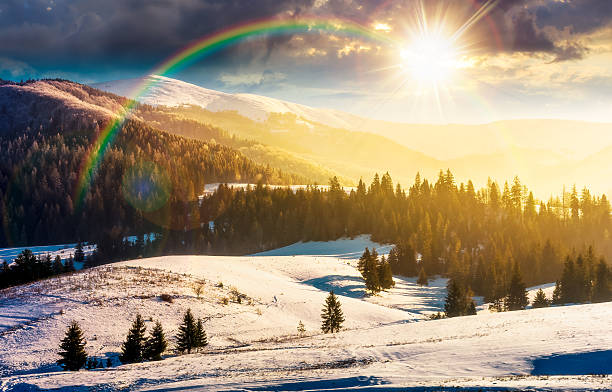 istock spruce forest on snow covered hills at sunset 2247272560
