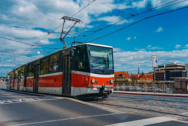 istock Classic red tram traveling in Prague city. 2247274792