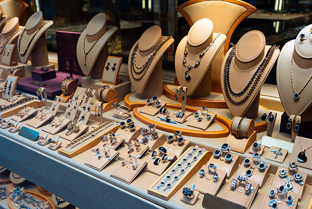 istock Luxury jewelry display with necklaces and rings. 2247274844