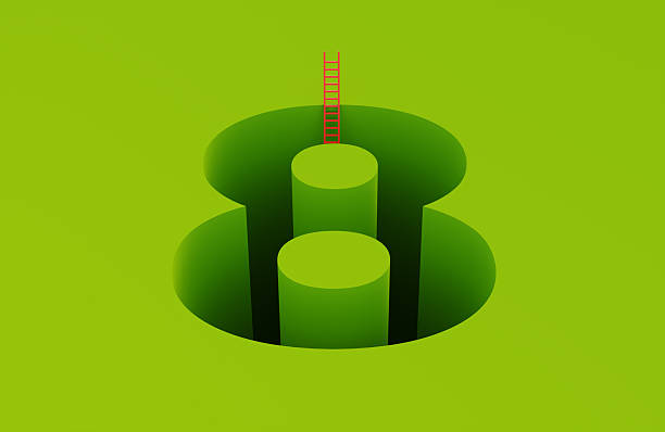 Red ladder and green cutout number 8 shape on green background. Solution and success concept.