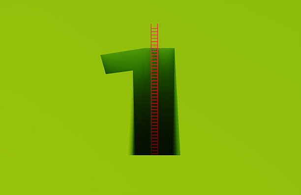 Red ladder and green cutout number 1 shape on green background. Solution and success concept.