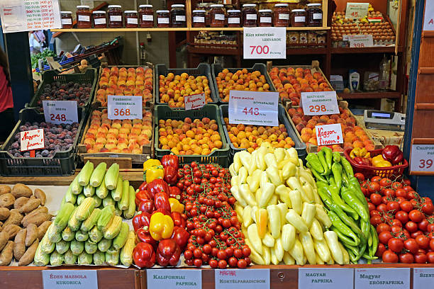 Budapest, Hungary - July 13, 2015: Fresh Fruits and Vegetables at Farmer Stall Central Market in Capital City Summer Season.