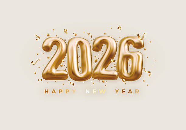 istock Golden foil balloon numbers 2026 with sparkling confetti on a light background. New Year design template with metallic 3D text for party invitations or poster, holiday banner, greeting card, website 2247279454