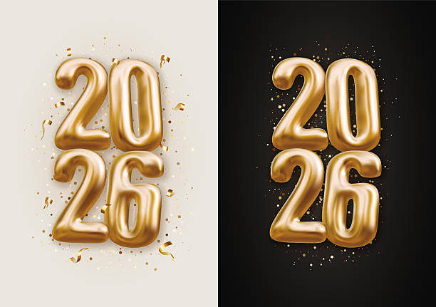 istock Golden foil balloon numbers 2026 with sparkling confetti. Vertical composition New Year design template with metallic 3D text for party invitations or poster, holiday banner, greeting card, website 2247279464