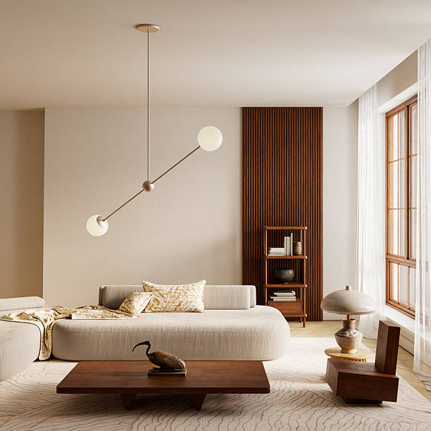 istock Warm minimal interior with soft neutral palettes, sculptural lighting and natural wooden accents arranged to create a calm, refined and visually balanced modern living atmosphere. 3D illustration 2247281117