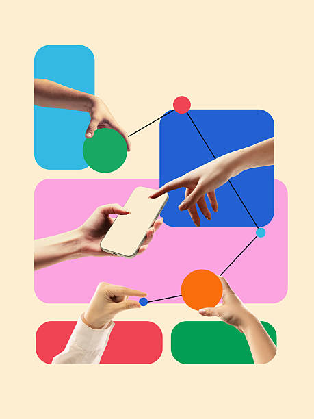 istock Graphic composition. Hands holding smartphone and colorful geometric shapes in digital connection concept 2247284338