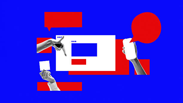 istock Red and blue collage of hands with smartphone and speech bubbles symbolizing online interaction 2247284356