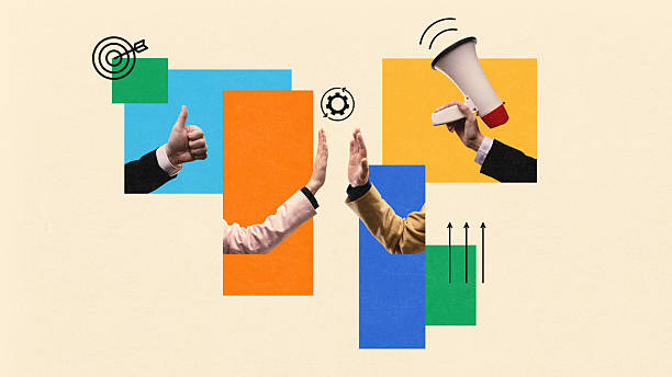 istock Creative collage of hands with megaphone thumbs up and geometric shapes representing teamwork 2247284358