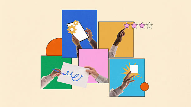 Colorful composition of hands using tablet smartphone and rating stars for digital creativity concept