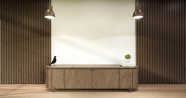 Wall panel cabinet tv wooden japanese design on room minimal interior.3D rendering