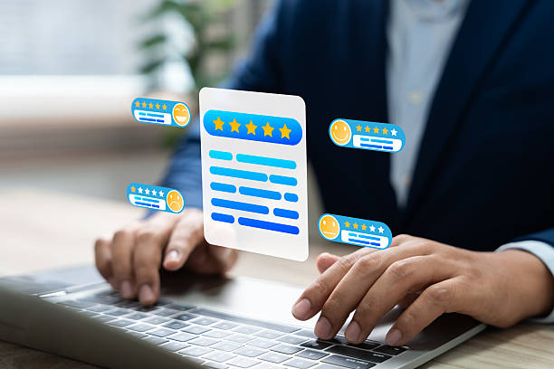 istock Customer satisfaction review management, Businessman analyzing digital customer reviews and five-star ratings to enhance service quality, manage online reputation in digital platforms. 2247288344