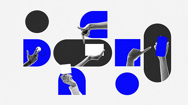 istock Minimalist collage with geometric shapes and monochrome hands holding devices on abstract background 2247288599