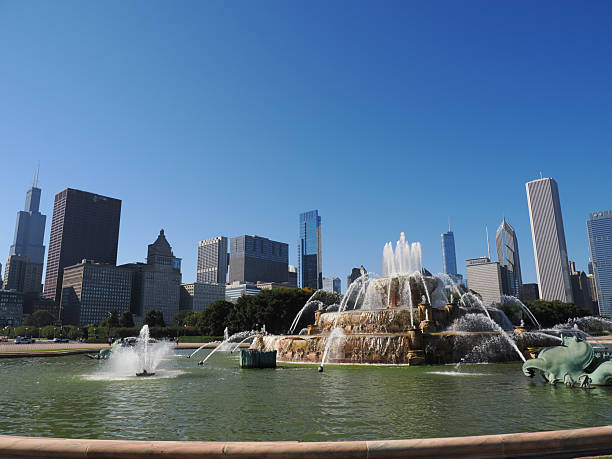 Fountain in the city on a beautiful cloudy afternoon. Chicago, Illinois, USA
