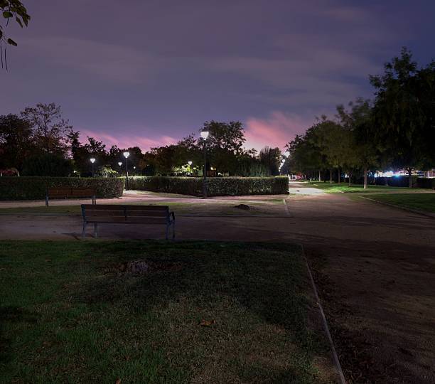 istock Evening stroll through a quiet park with benches and streetlights during twilight hours 2247294368