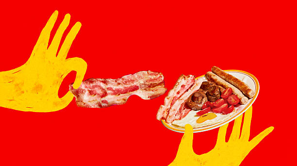 Vibrant digital artwork. Yellow hands offering bacon and English breakfast plate