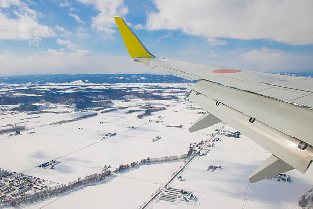 Airplane Wing View Approaching Memanbetsu Airport, Hokkaido, Over Snowy Winter Landscape