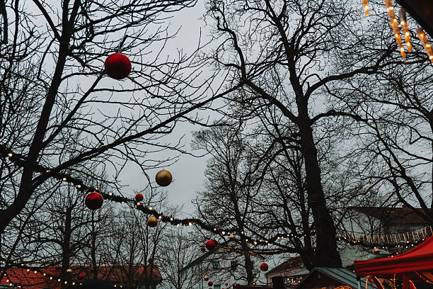 Christmas street decor.Christmas Ornaments and Lights on Bare Trees.