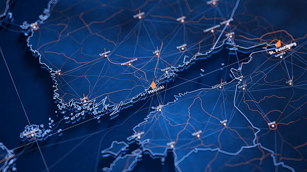 istock Helsinki map big data visualization. Futuristic map infographic of city in Finland. Visual map data complexity in modern blue and orange colors 2247306498