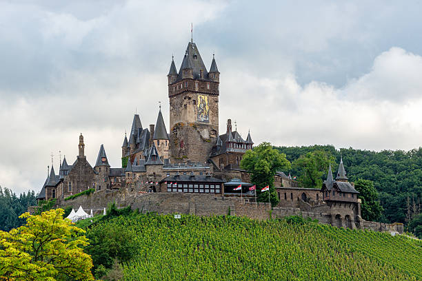 Cochem, Germany - August 27, 2021: Famous Reichsburg Imperial castle , Mittelmosel, Moselle river, Rhineland-Palatinate at summer time, Germany, Europe