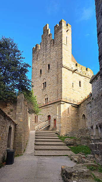 Walls and towers of medieval city of Carcassonne at sunset, France
