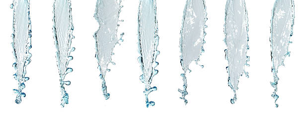 Vertical water splash streams isolated on white, showcasing clean fluid motion, clarity, and dynamic texture. Perfect for ads, product visuals, hydration themes, and modern creative design concepts.
