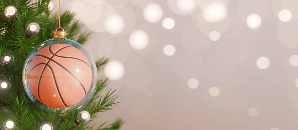 Christmas ornament shaped like a basketball hanging on a decorated tree. 3d rendering