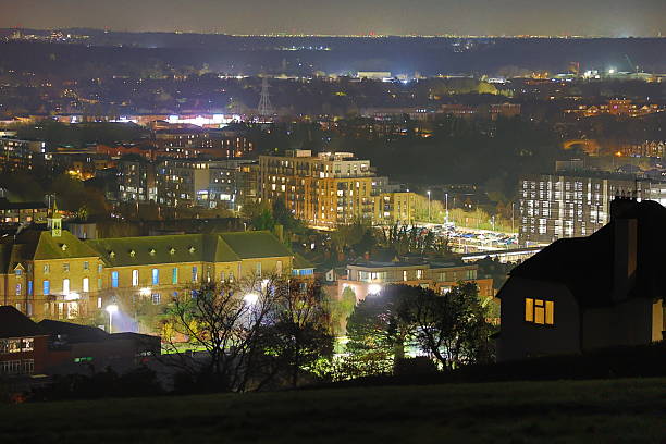 Cold frosty night view of Guildford Surrey England Europe