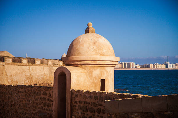 Corner turret of castle with view of Cadiz behind