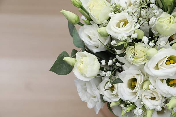 istock Beautiful wedding bouquet on light background, closeup. Space for text 2247315974