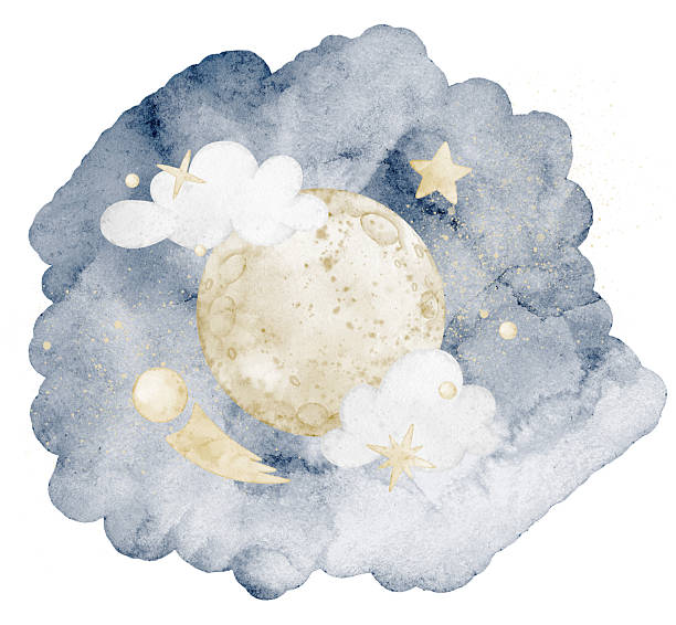 istock Moon watercolor illustration with dark blue sky, clouds, stars and comets. Drawing of celestial scene for dreamy night nursey poster or childish cosmic designs. Art in pastel colors for baby greeting 2247319668
