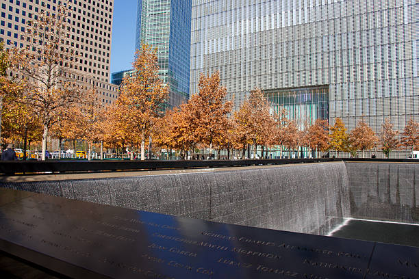 Detail of the 911 memorial pool in Lower Manhattan, Financial District, New York City, USA