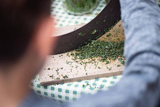 Close-up of a person chopping fresh green herbs on a wooden cutting board using a mezzaluna knife. The preparation takes place on a checkered tablecloth, highlighting a rustic and homemade cooking atmosphere.